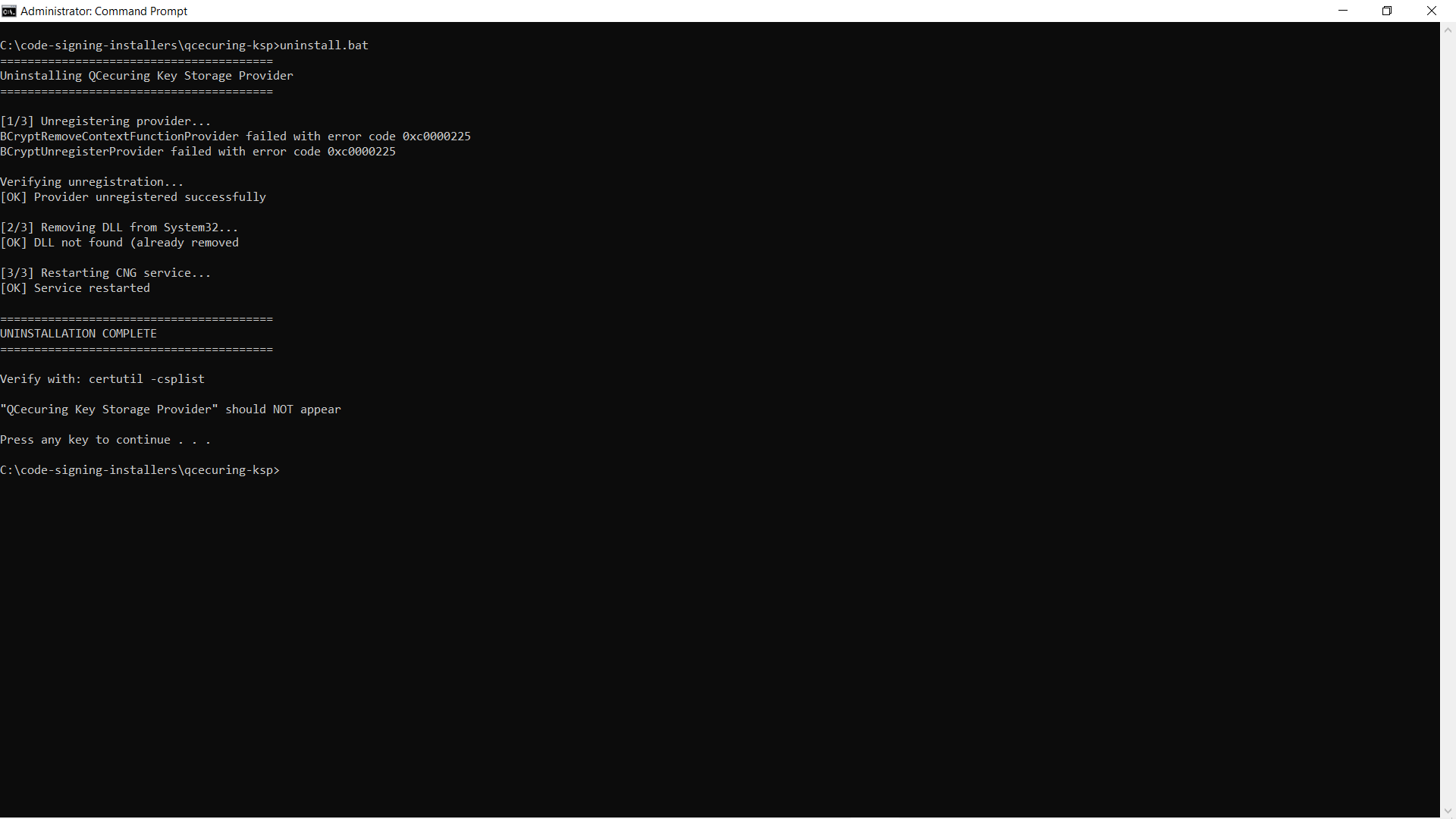 Code Signing KSP Uninstall
