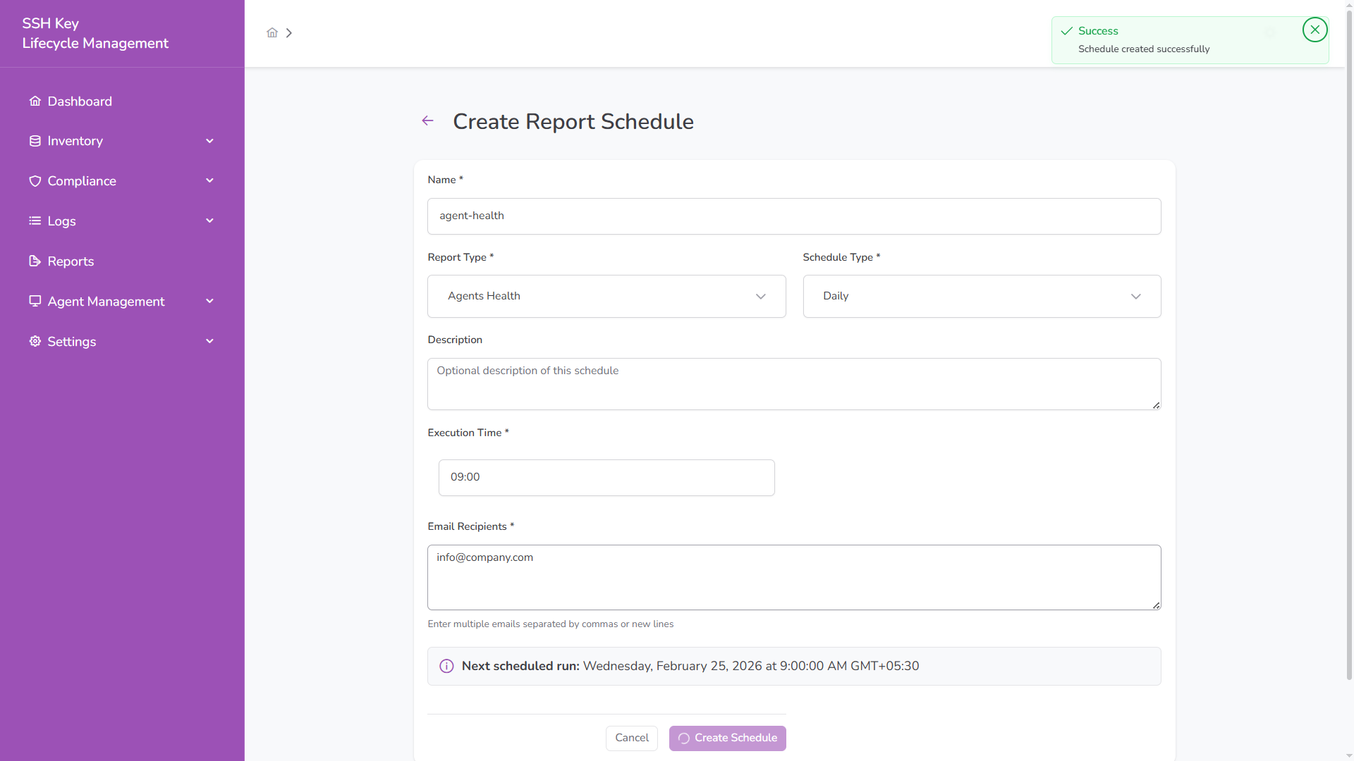Settings – Create Report schedule
