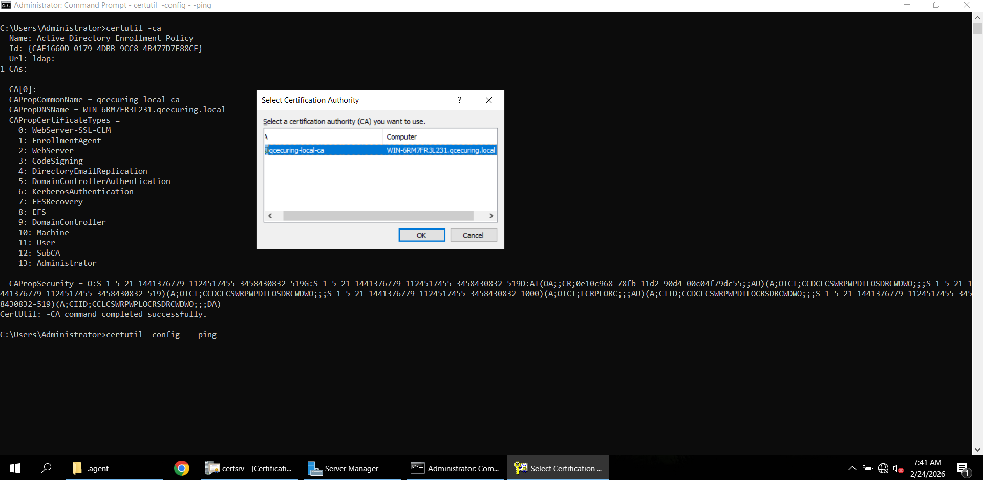 certutil CA ping success